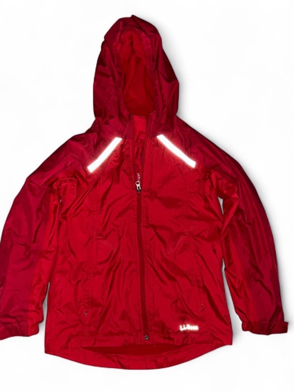 L.L. Bean Kids Red Hooded Raincoat with Reflective Strips